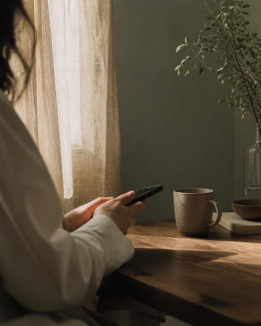 A quiet morning at home, phone in hand by a sunlit window